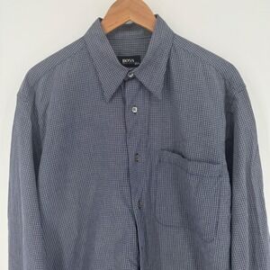 Vintage Hugo Boss Mens Large Long Sleeve Button Up Dress Shirt Blue Checkered